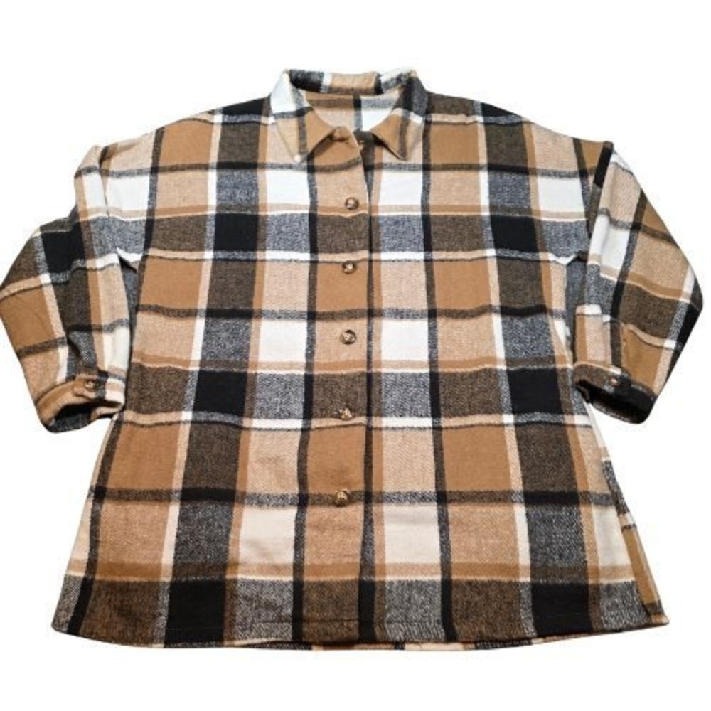 Womens L Plaid Button Down Shacket Oversized Shirt Jacket Tan Black Oversized‎